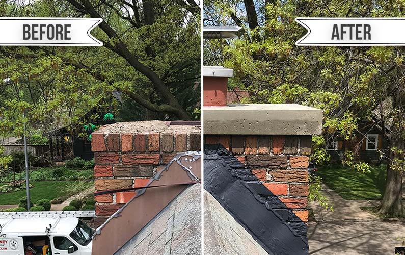 Before and After Brick Chimney Crown, Cap, and Flashing