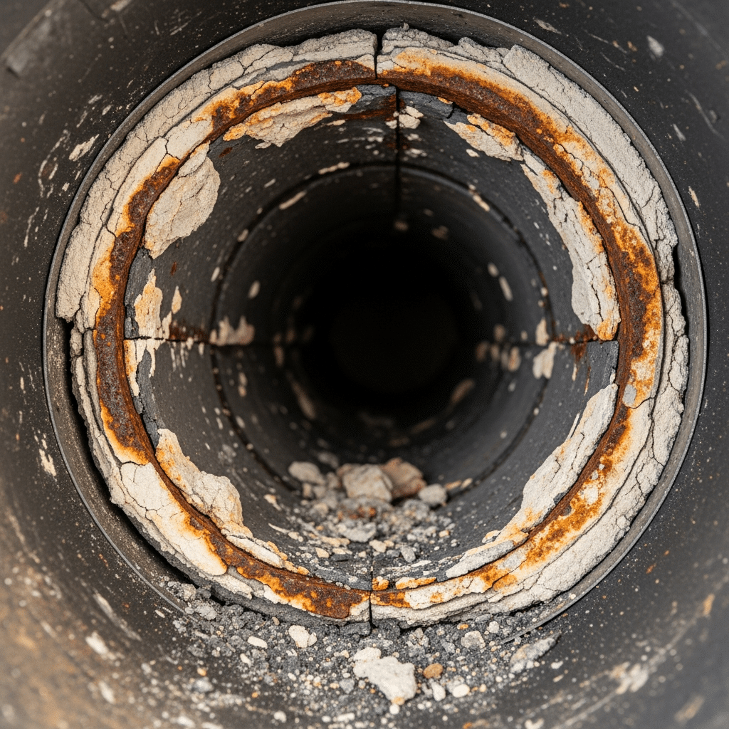 Close-up of a deteriorating chimney liner with visible cracks, rust, flaking, soot buildup, and structural damage, highlighting the need for professional inspection and repair.