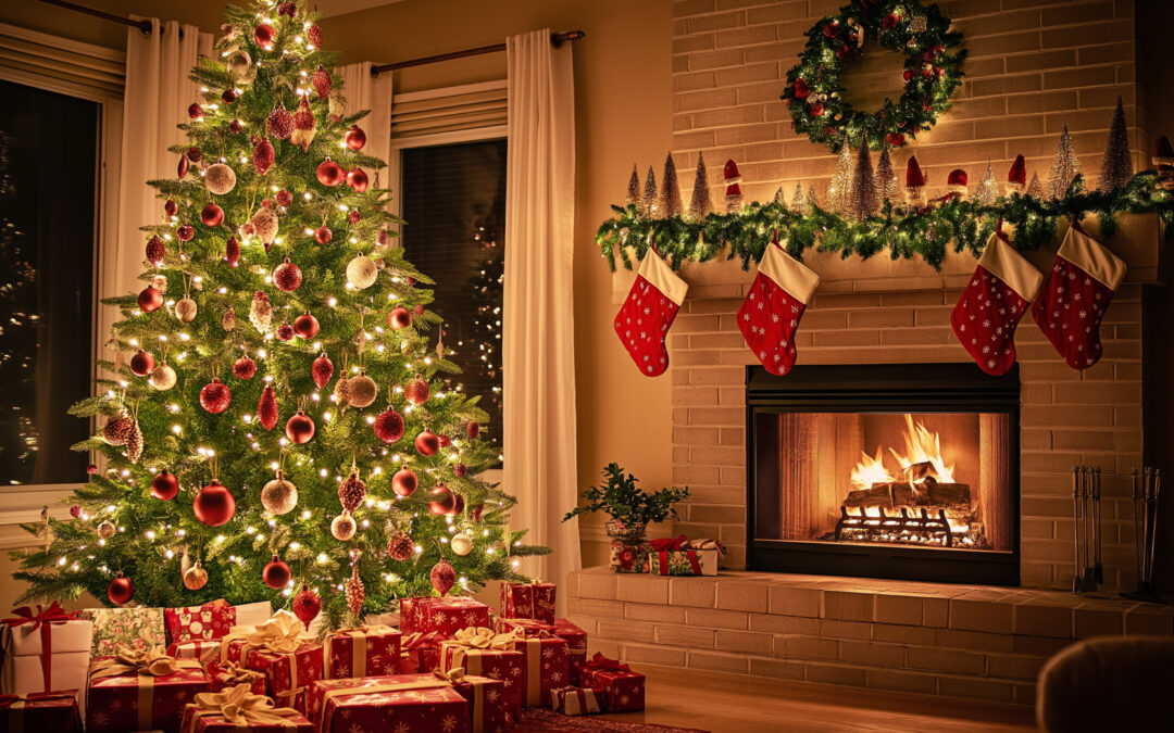 Cozy Christmas living room with lit tree, wrapped gifts, and active brick fireplace with hanging stockings, promoting safe holiday warmth in Kansas City homes.